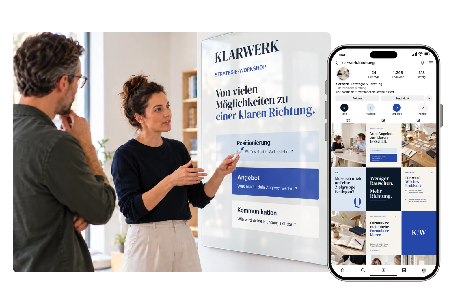 Anwendungsbeispiel des START/KLAR-Beratungskits mit Beratungsszene und abgestimmtem Instagram-Auftritt