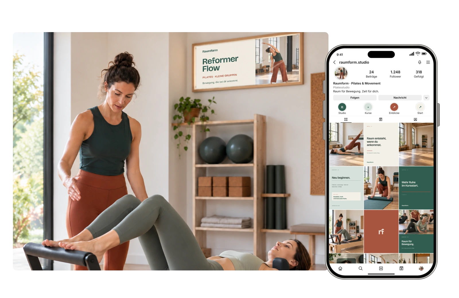 Anwendungsbeispiel des START/KLAR-Wellbeing-Kits mit Pilates-Szene und passendem Instagram-Auftritt