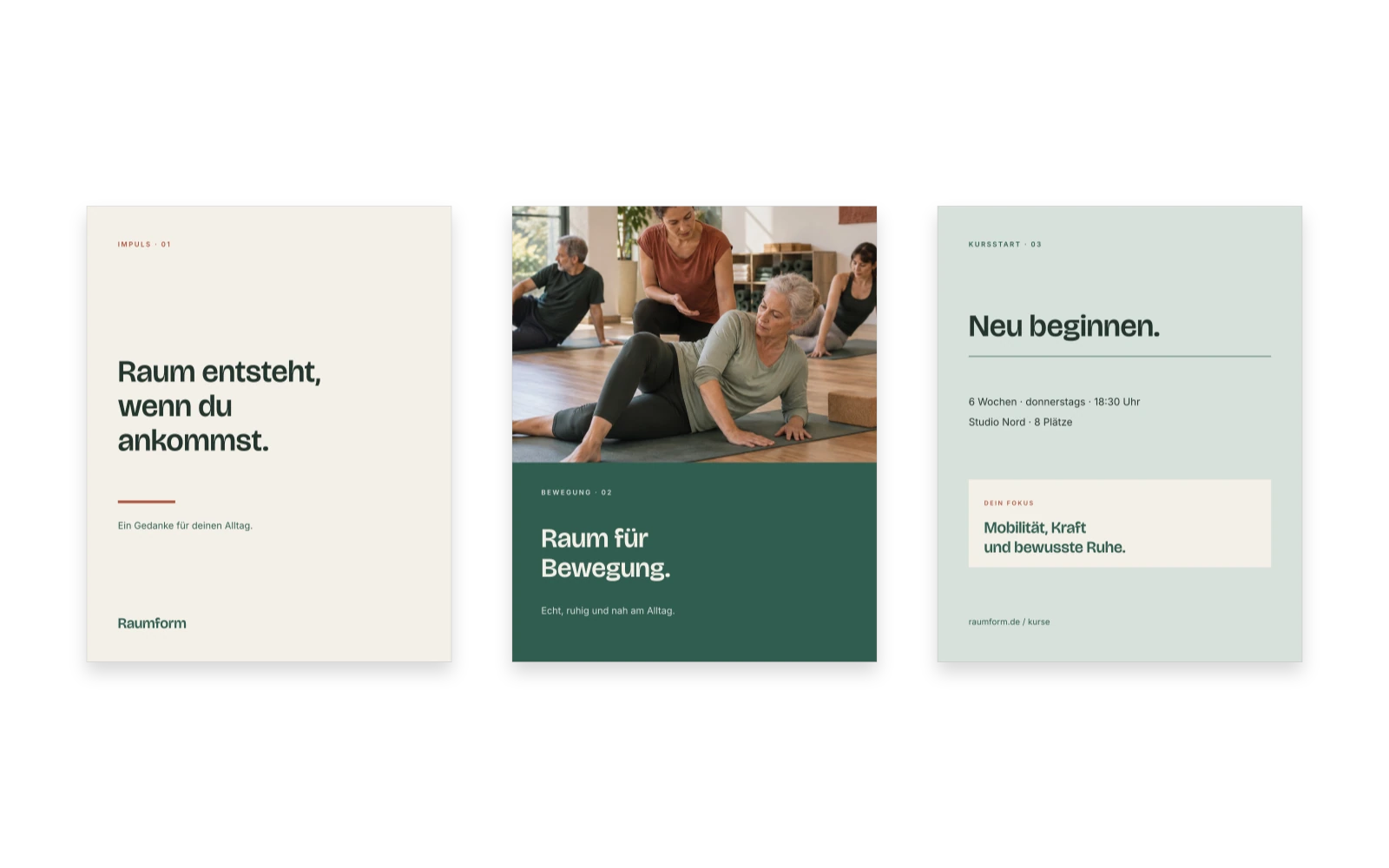 Drei Social-Media-Vorlagen des Wellbeing-Kits in Grün, Ivory und hellem Mint mit Bewegungsfotografie