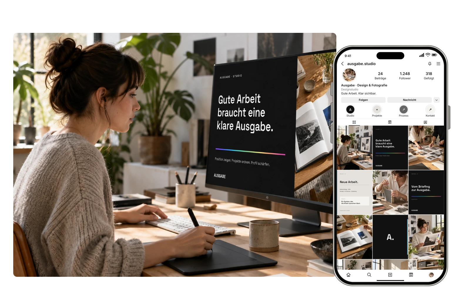 Anwendungsbeispiel des START/KLAR-Creative-Kits mit Designarbeitsplatz, Portfolio auf dem Monitor und Instagram-Auftritt