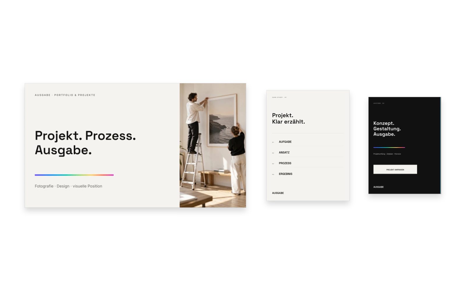 Portfolio- und Projektvorlagen des Creative-Kits mit Schwarz-Ivory-Kontrast und editorialer Typografie